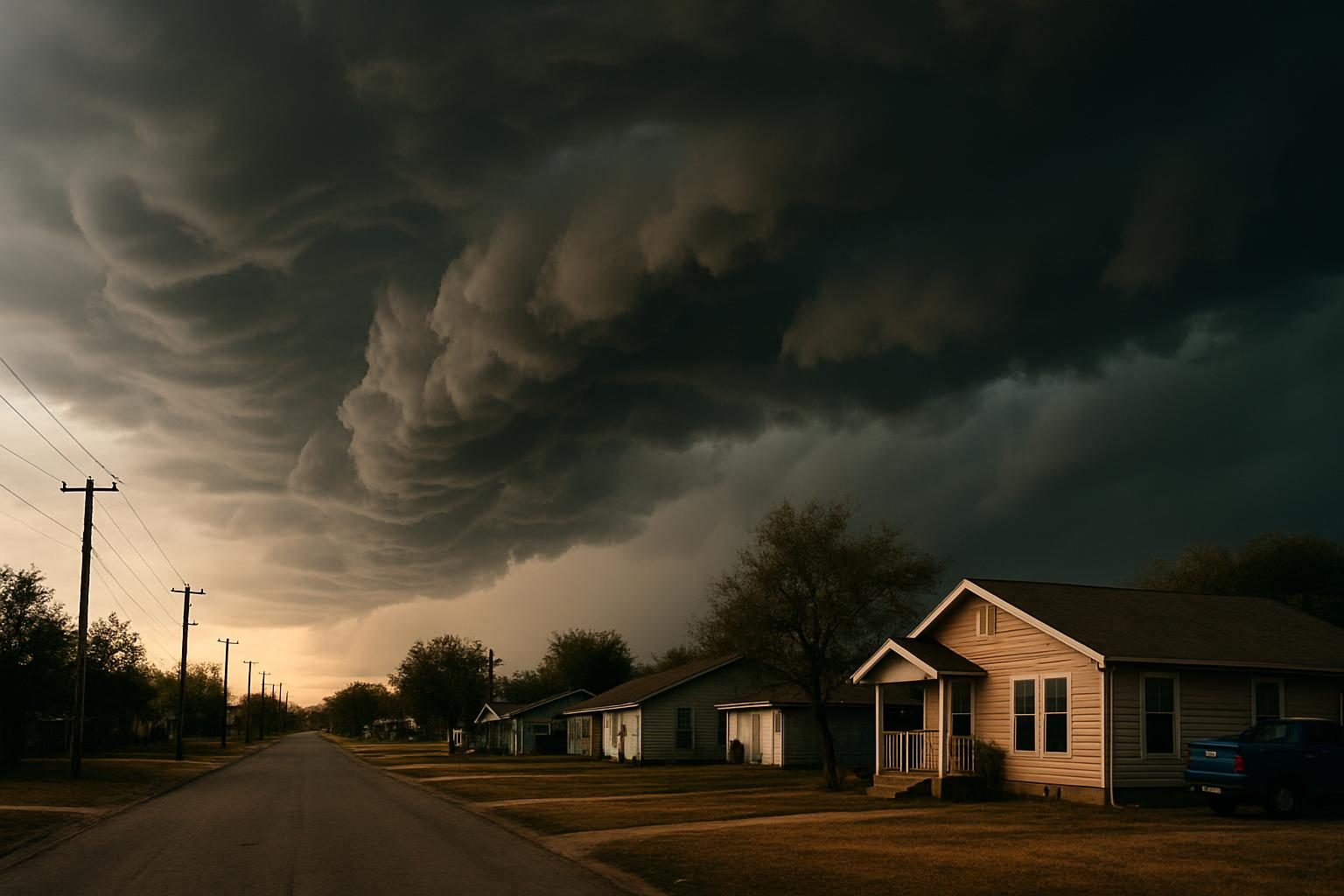 Storm clouds over homes in rural Texas