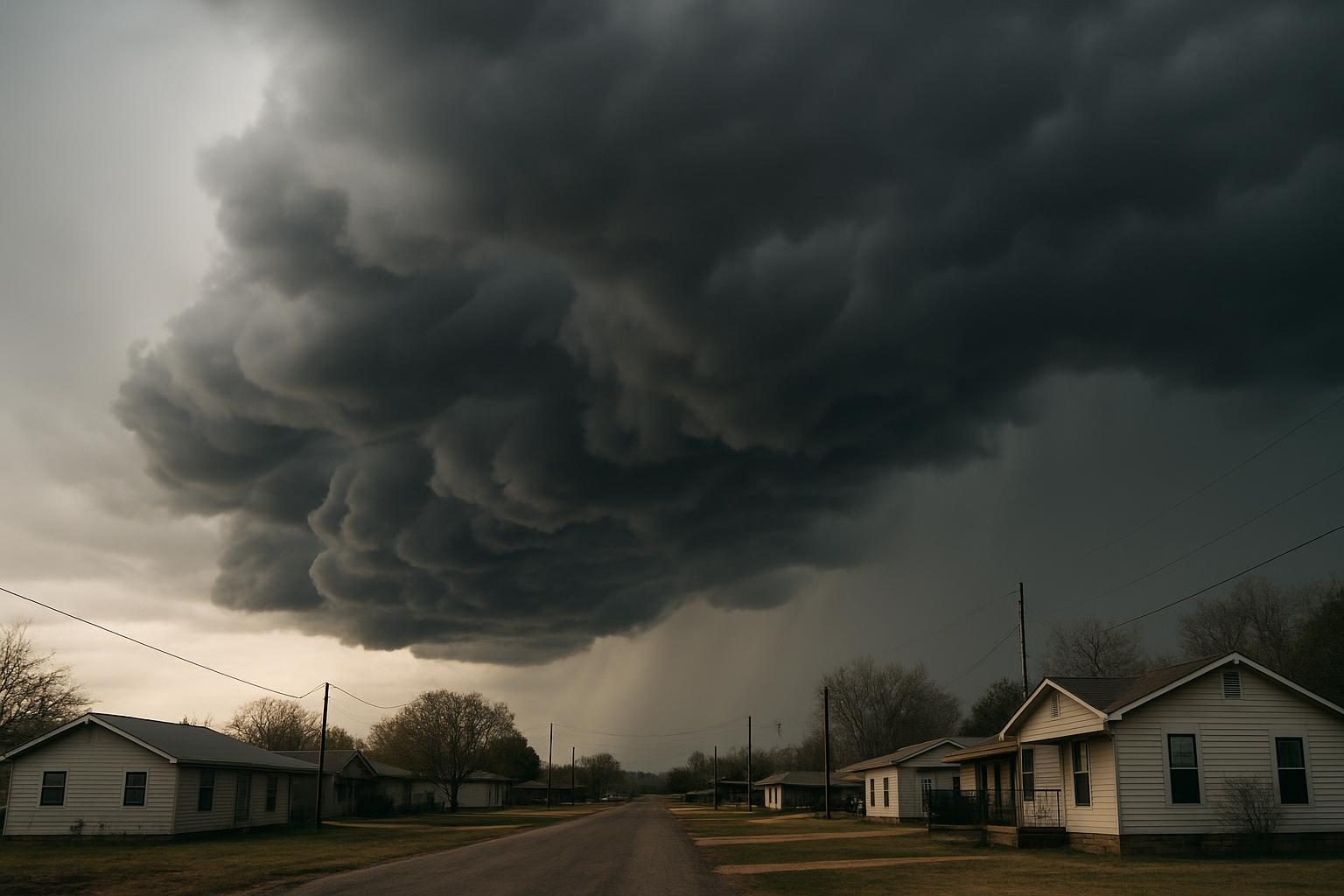 Storm clouds over homes in rural Texas