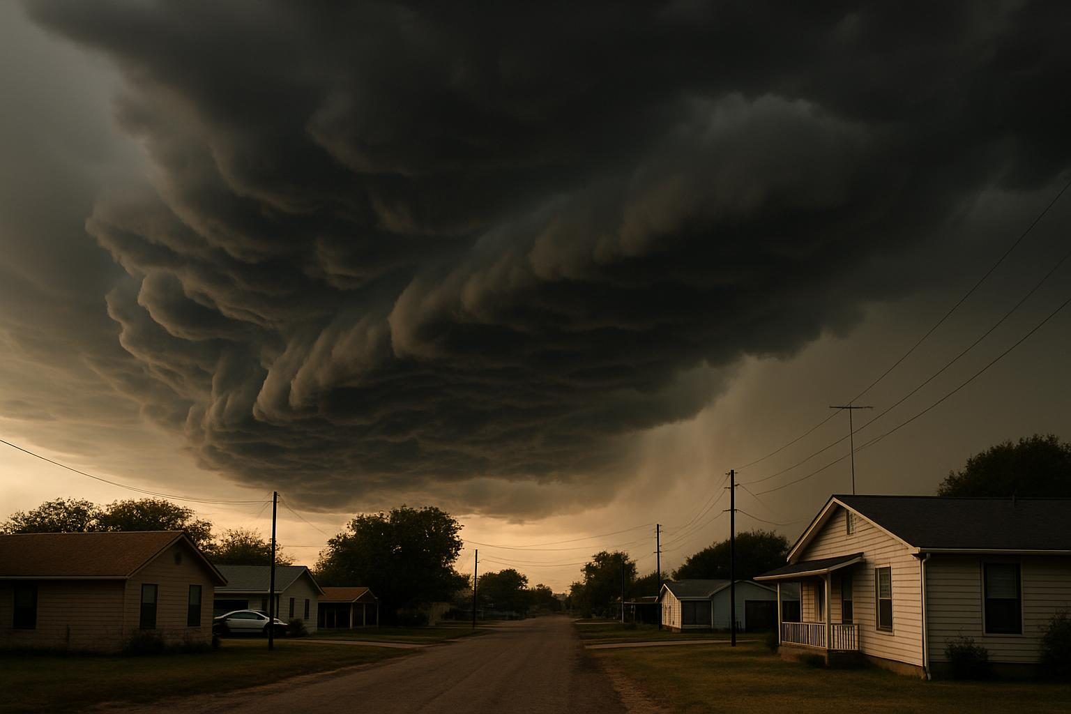 Storm clouds over homes in rural Texas