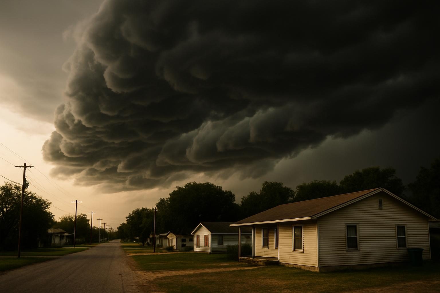 Storm clouds over homes in rural Texas