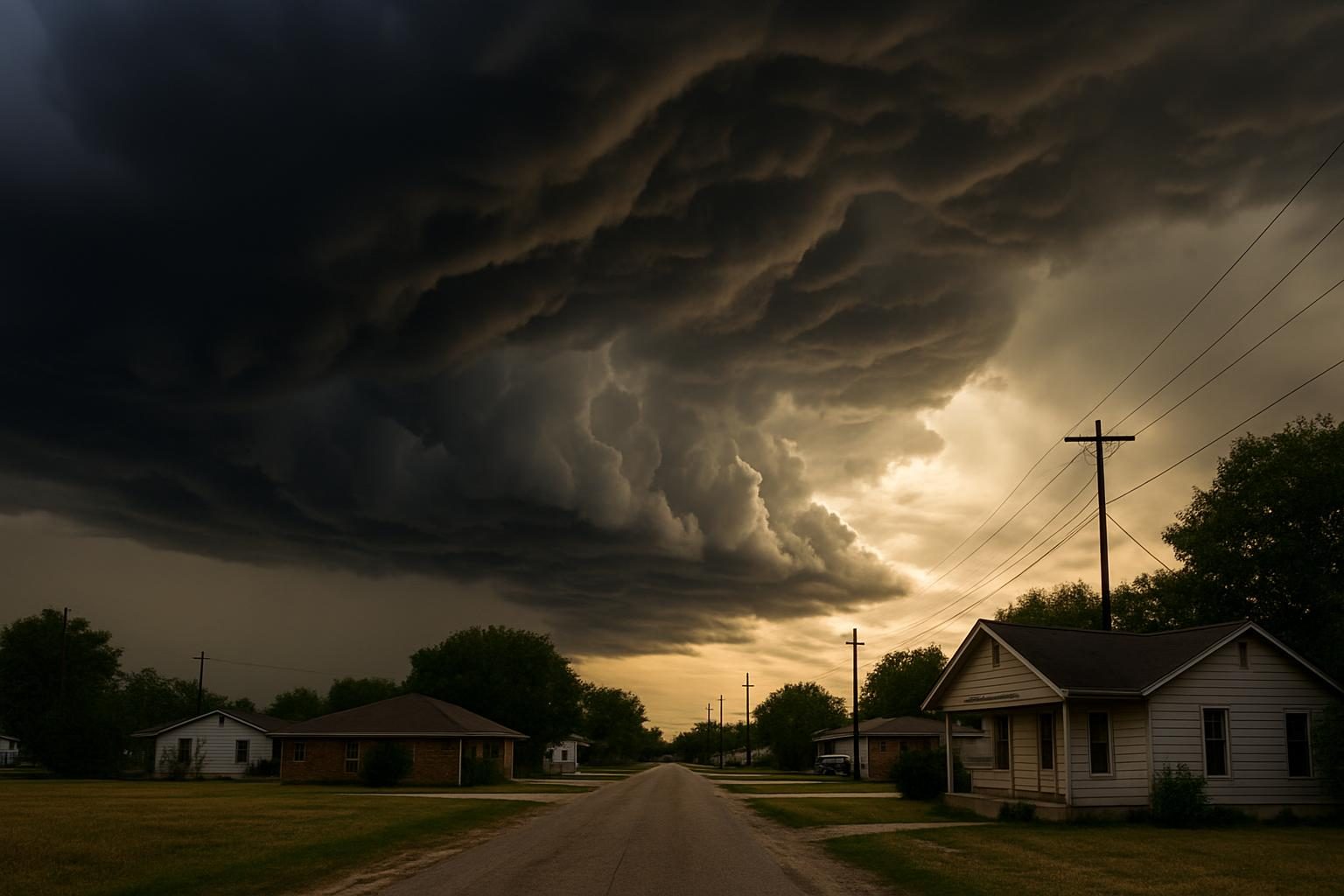Storm clouds over homes in rural Texas