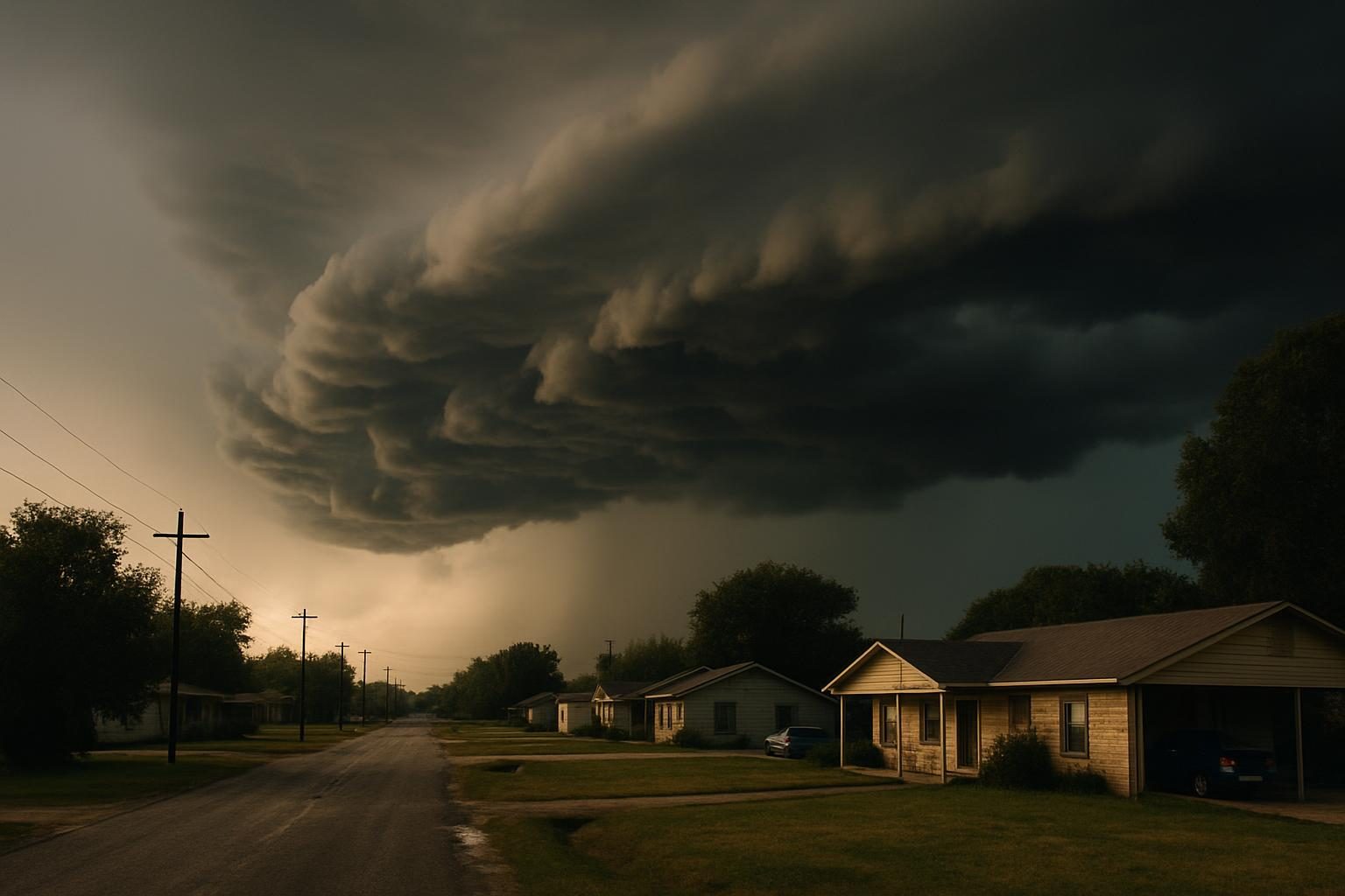 Storm clouds over homes in rural Texas