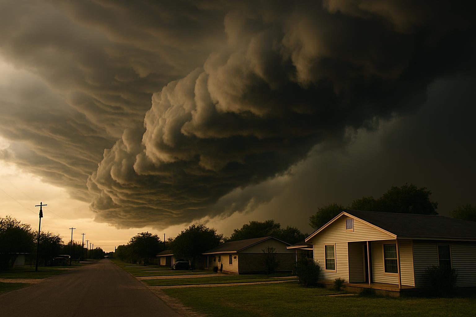 Storm clouds over homes in rural Texas