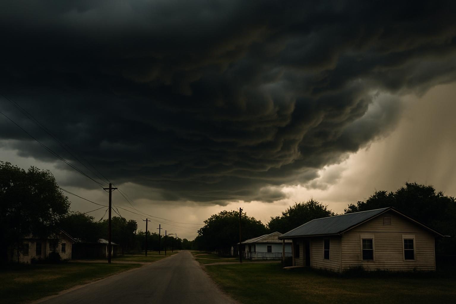 Storm clouds over homes in rural Texas