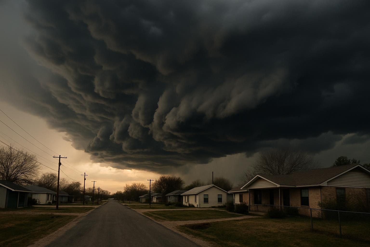 Storm clouds over homes in rural Texas