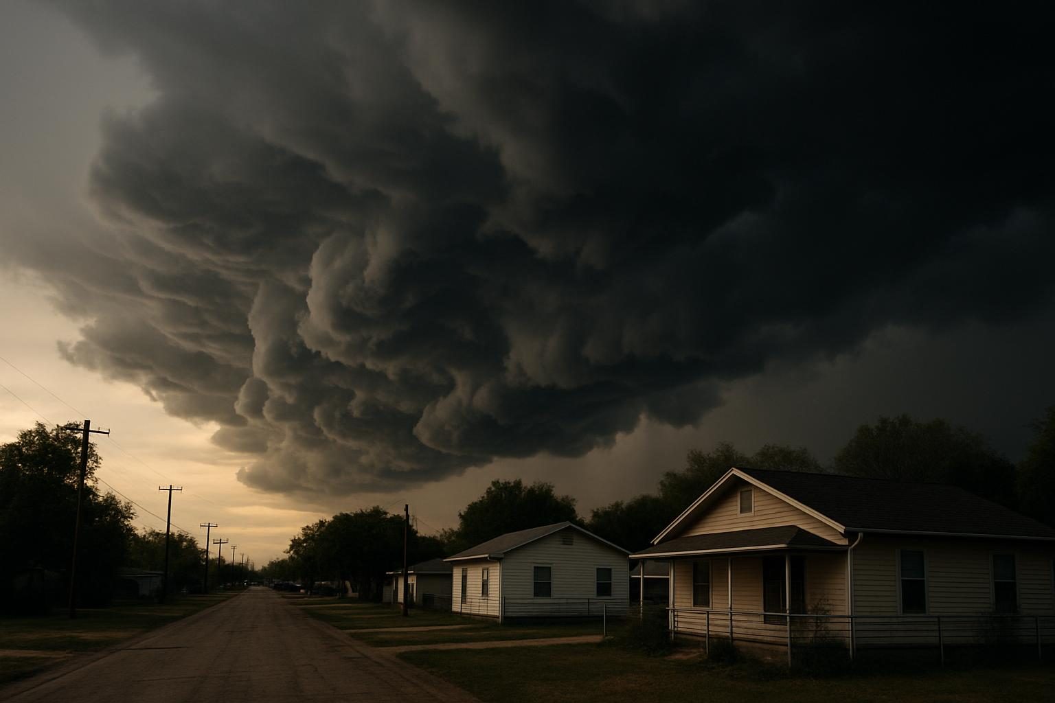 Storm clouds over homes in rural Texas
