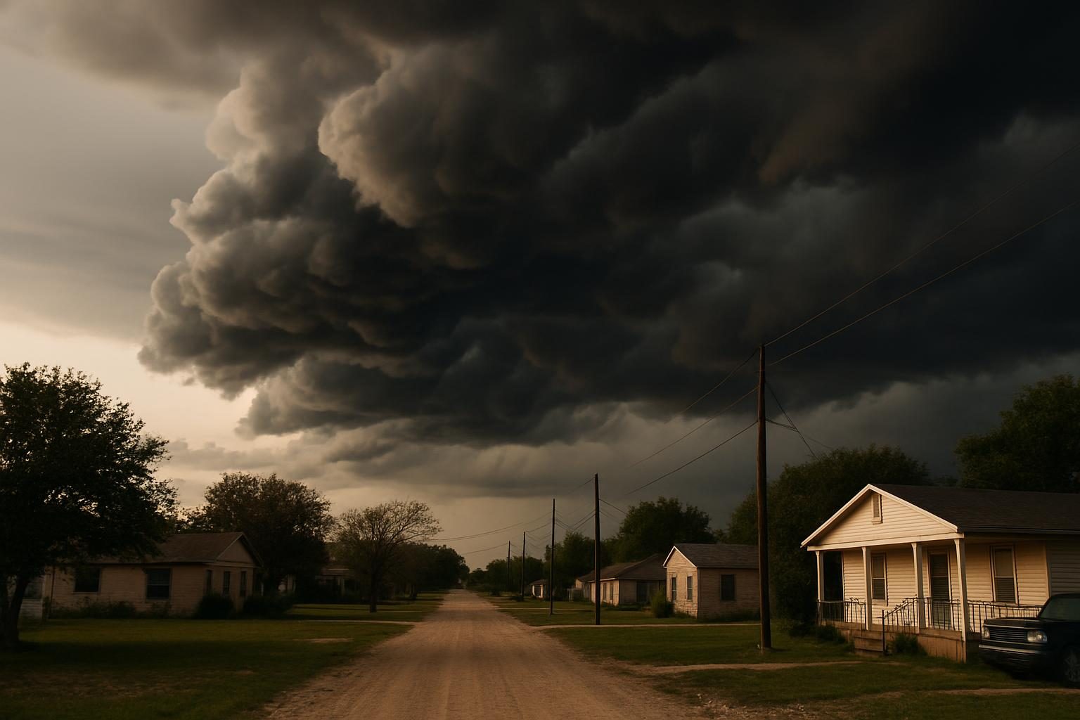 Storm clouds over homes in rural Texas