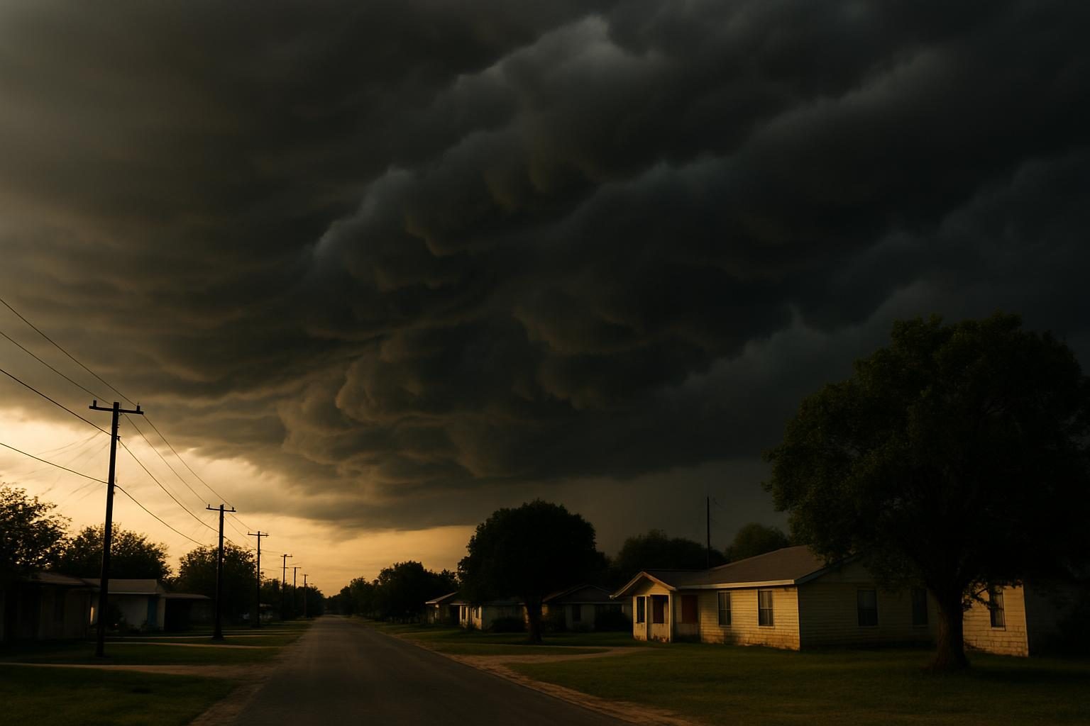 Storm clouds over homes in rural Texas