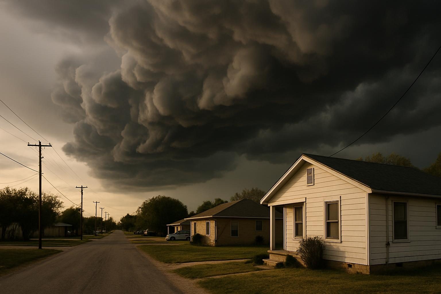 Storm clouds over homes in rural Texas