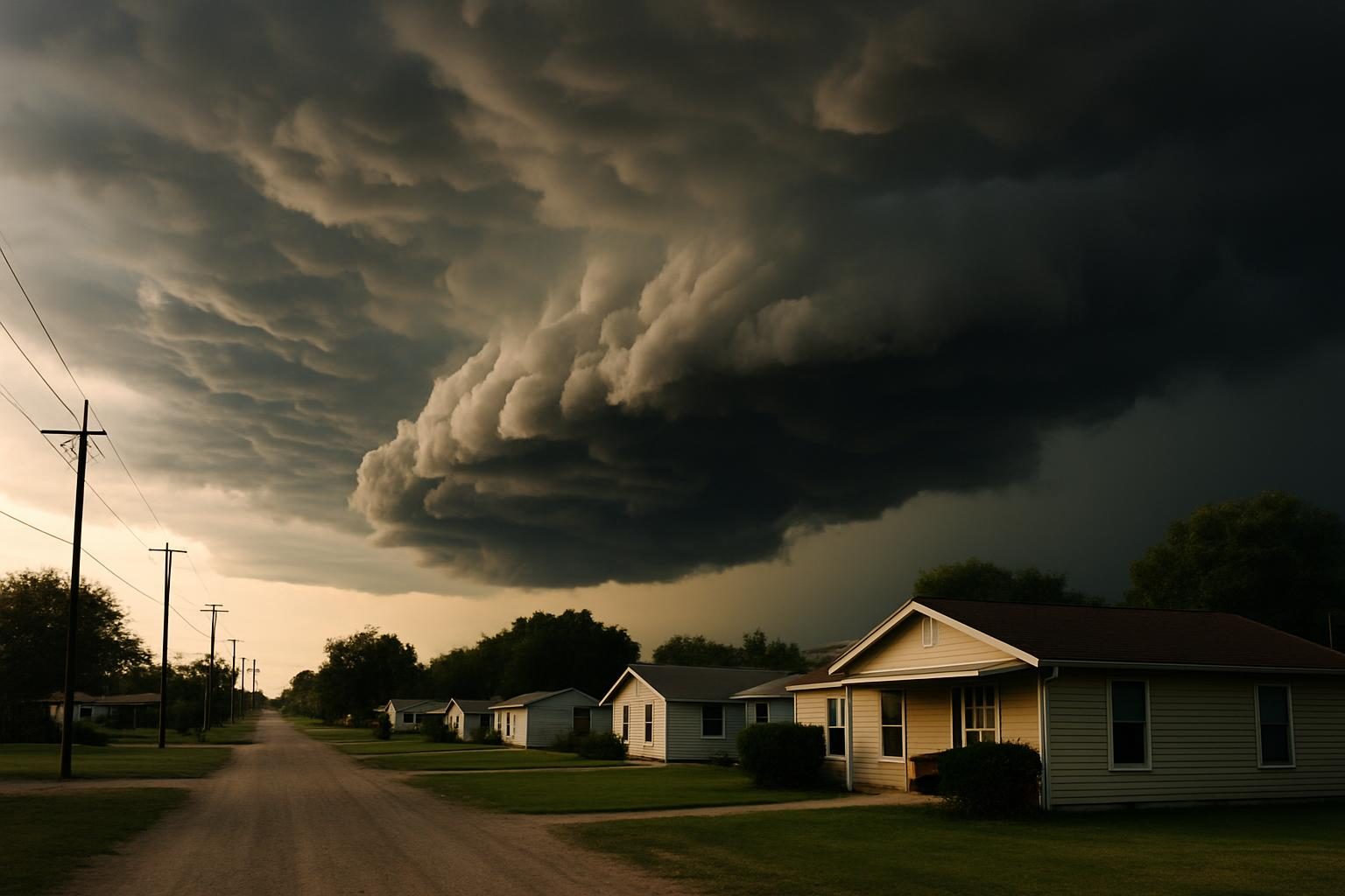 Storm clouds over homes in rural Texas