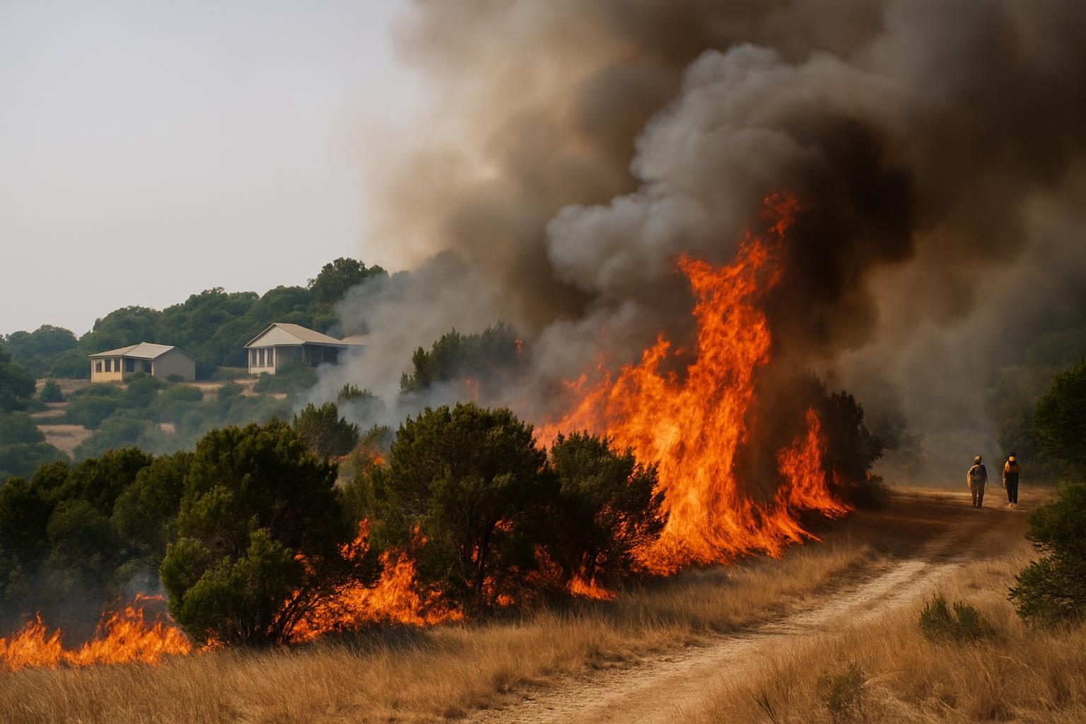 Wildfire burning through brush near homes