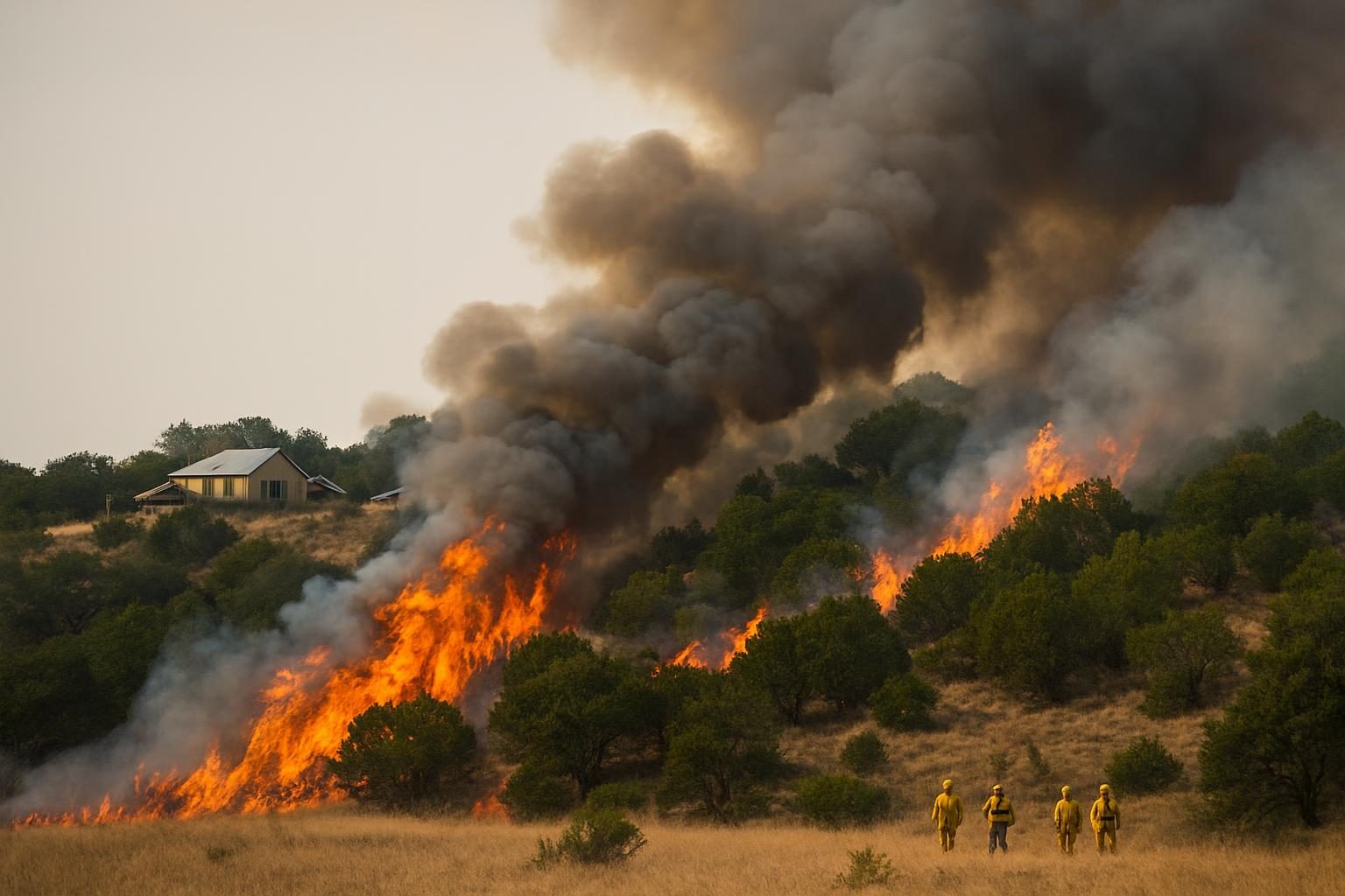 Wildfire burning across dry grassland near homes